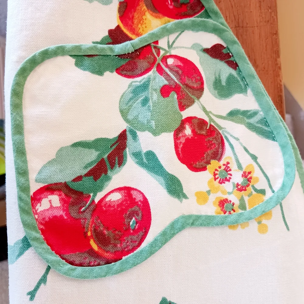 VINTAGE Handmade Apron Apples Linen Mcm White Green Scalloped Trim 50s 60s - Picture 4 of 9
